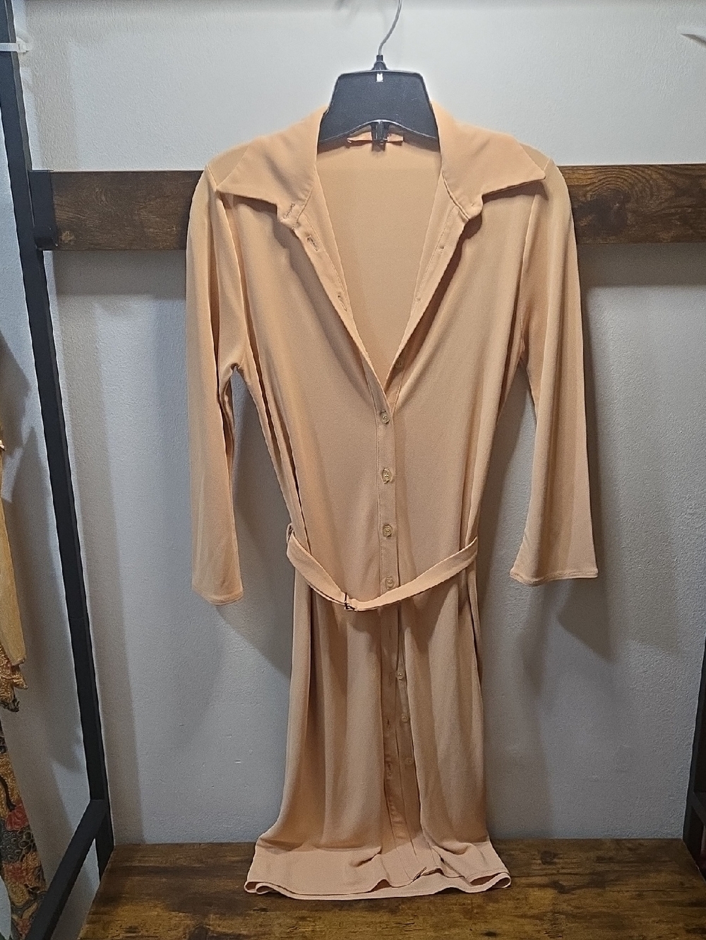 Long Sleeve Button-Front Peach Shirt Dress with Belt
